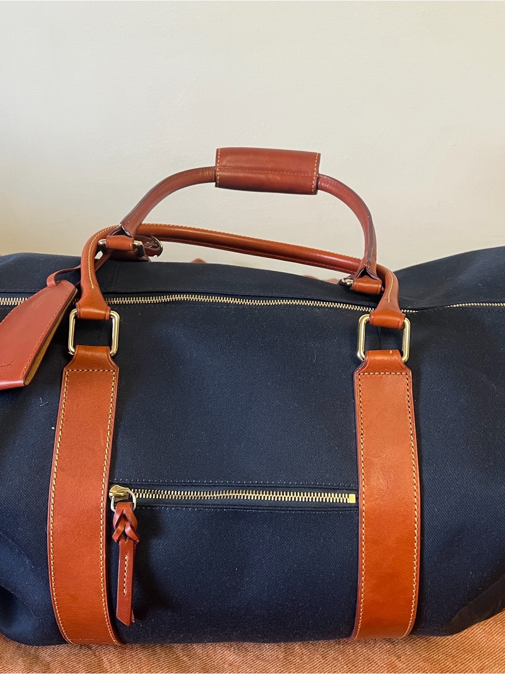 Vintage Dooney and Burke Navy Large Weekender Duffel Bag with Tan Leather Trim